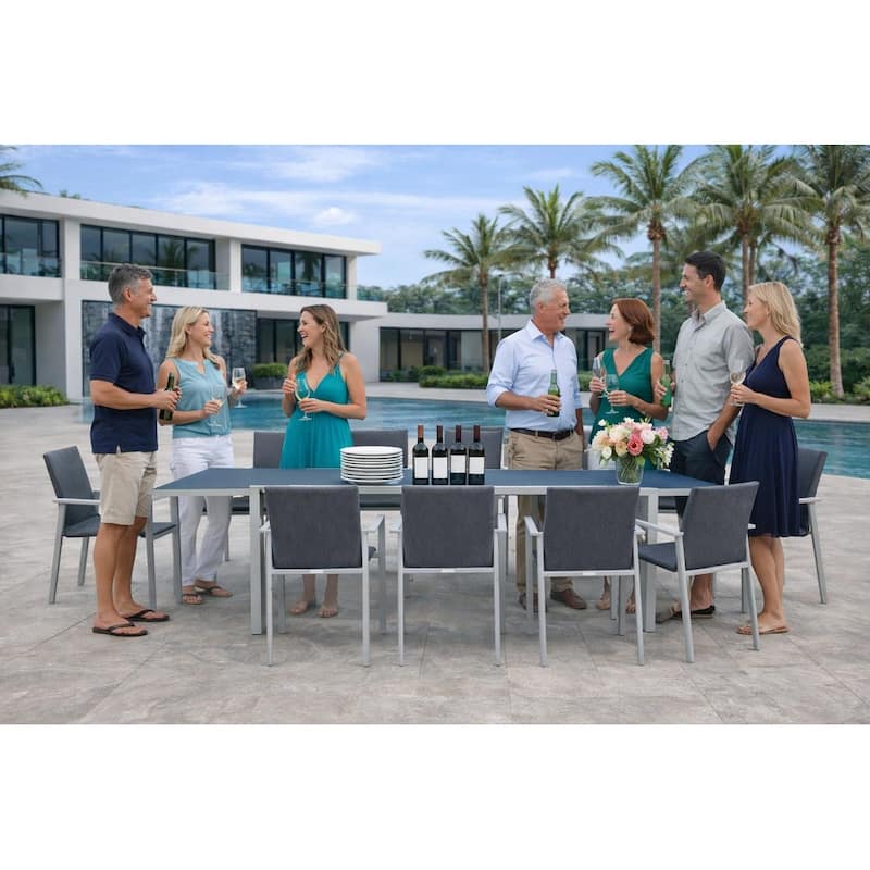 Bailey Light Grey 11-Piece Aluminum Outdoor Dining Set with Sling Set in Midnight Grey - N/A