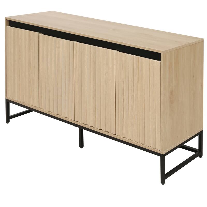 LED Sideboard Buffet Cabinet Storage Cabinet w/ Adjustable Shelf, Carved Cupboard Console Table for Living Room Hallway, Natural