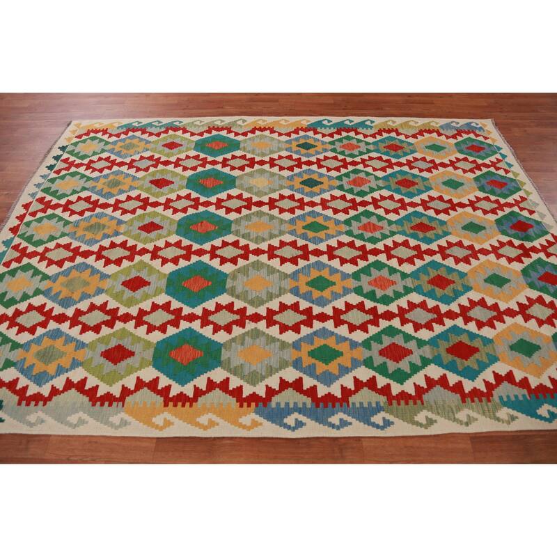Hand Woven Oriental 100% Wool Carpet Southwestern Geometric Multi-Colored Kilim Area Rug - 8' 7'' X 6' 0''