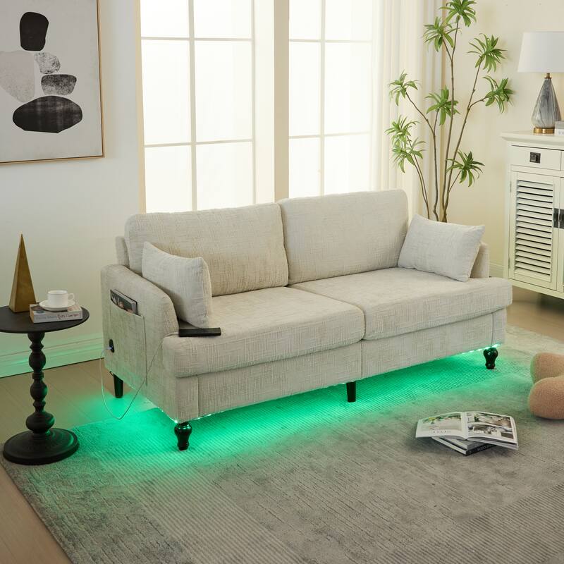 Modern Style Chenille 2-Seater Wood-Legged Sofa With Led Light,USB Charging Port And Storage Bag Living Room Bedroom Study Room