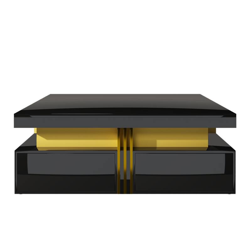 43.3" Modern Square Coffee Table with 4 Hidden Drawers, Glossy Living Room Table with Gold Accents, Space-Saving Storage Table