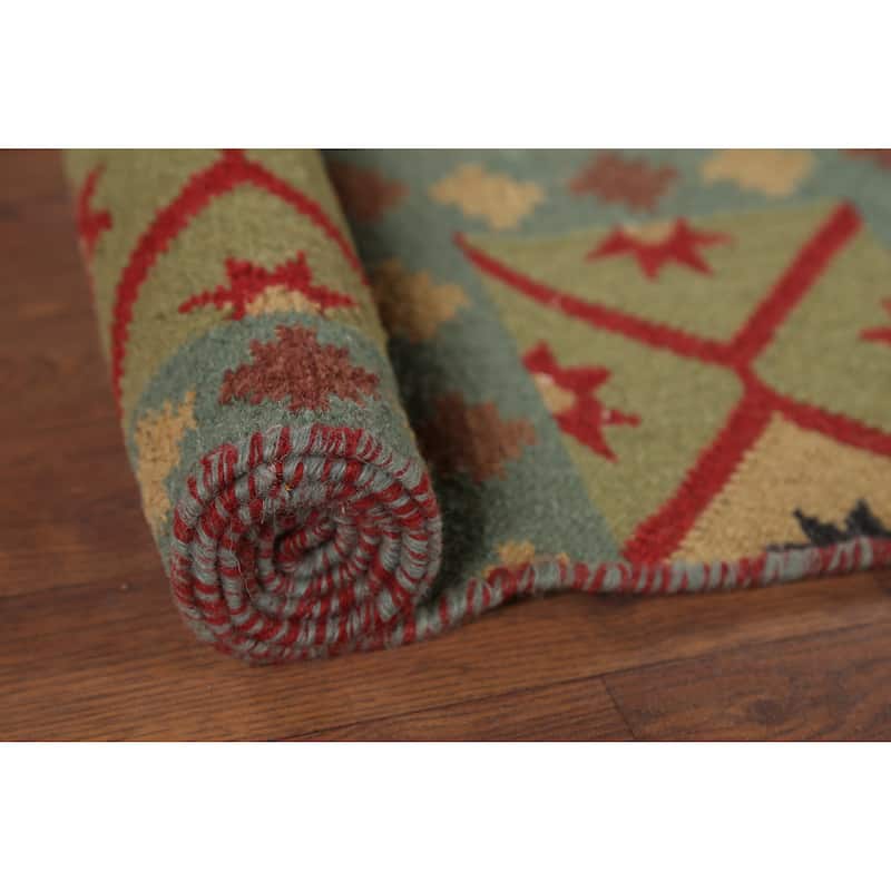 Geometric Kilim Oriental Area Rug Flatweave Green Wool Carpet - 5'7"x 9'0"