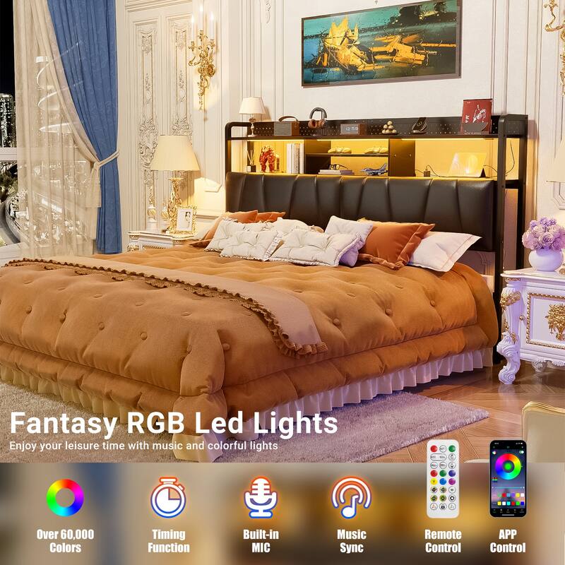 Upholstered Headboard with Pegboard and Charging Station, Storage Headboard Shelves and LED Light