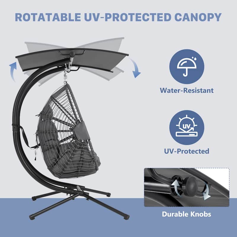 Double Egg Chair with Stand/Adjustable Canopy Patio Hammock Chair Hanging Swing Wicker Rattan Basket for Outdoor Balcony Garden