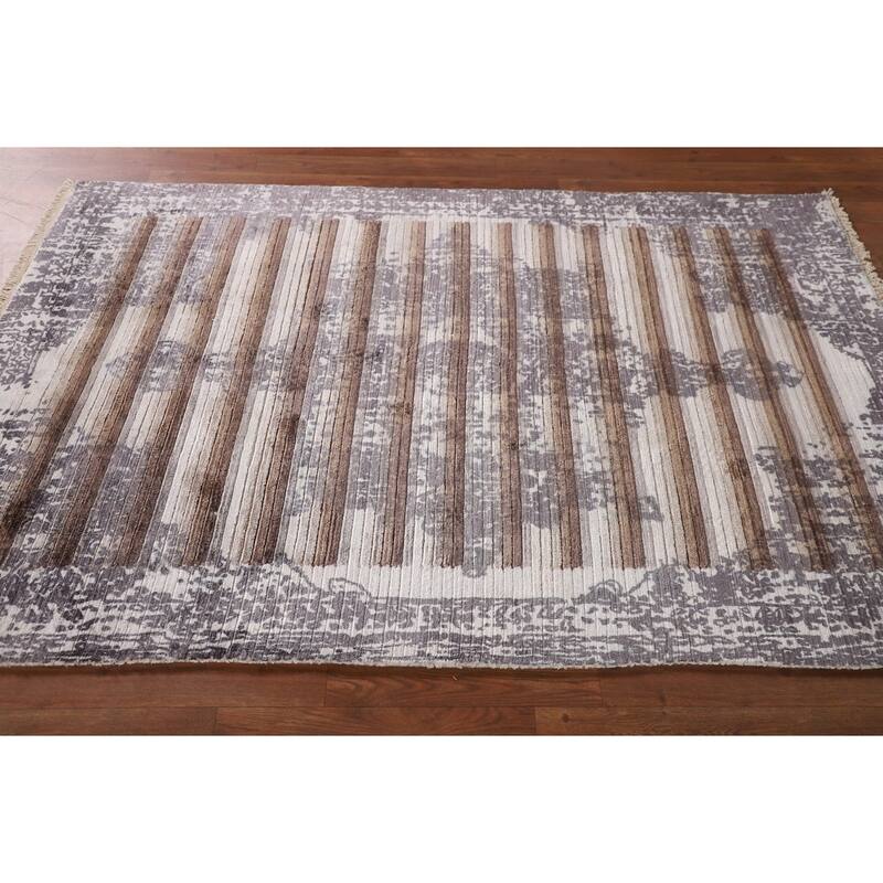 Striped Modern Abstract Rug Hand-Knotted Wool Carpet - 3'11"x 5'11"