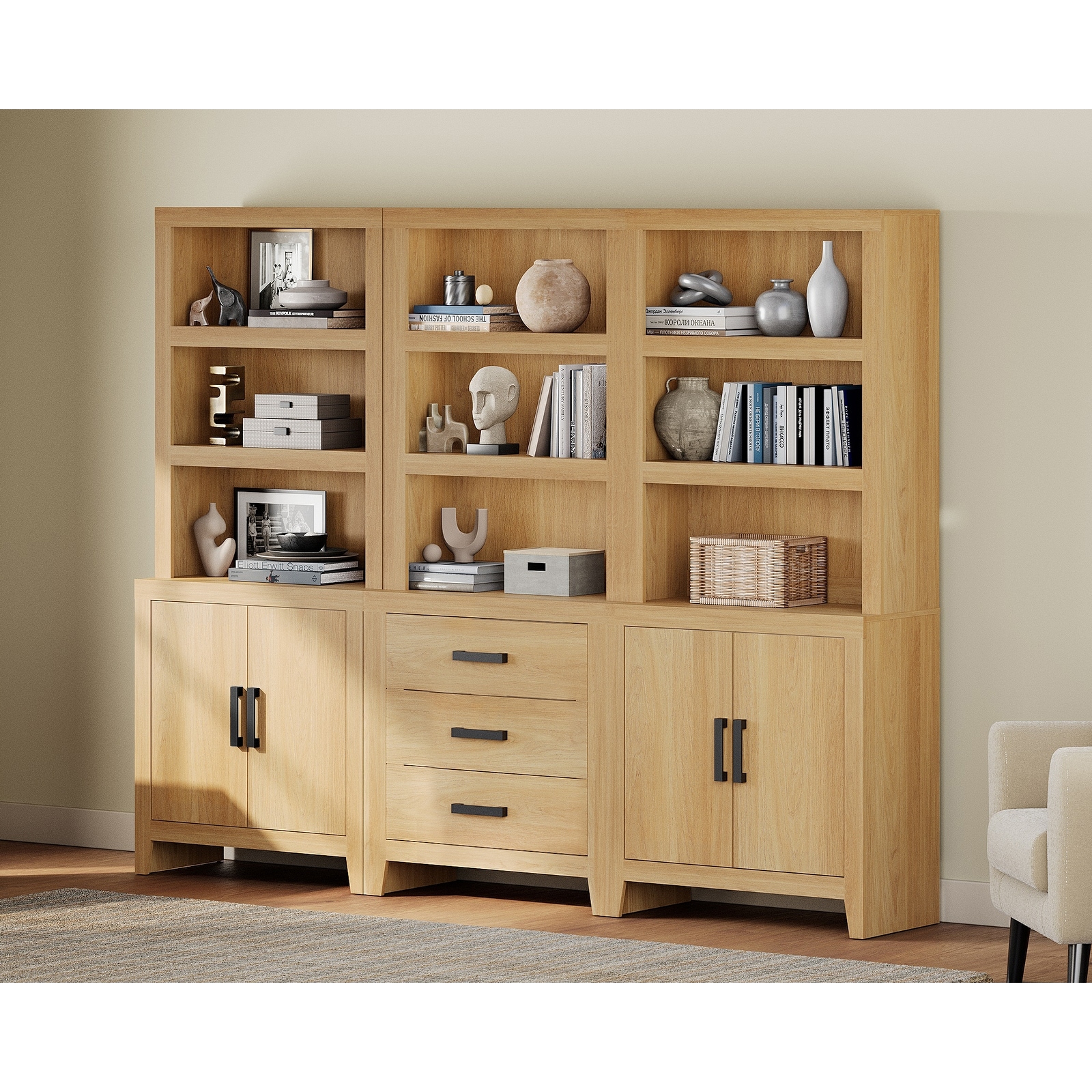 WAMPAT 74" 3-Piece Tall Bookshelf, Farmhouse Bookcase with Doors & Drawers for Living Room & Office