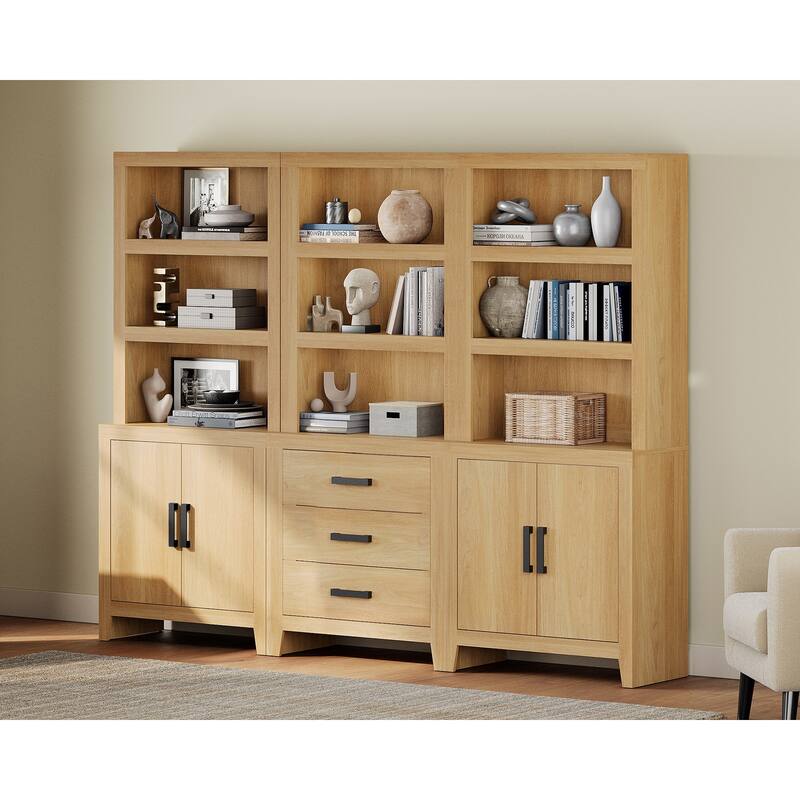 WAMPAT 74" 3-Piece Tall Bookshelf, Farmhouse Bookcase with Doors & Drawers for Living Room & Office - Oak