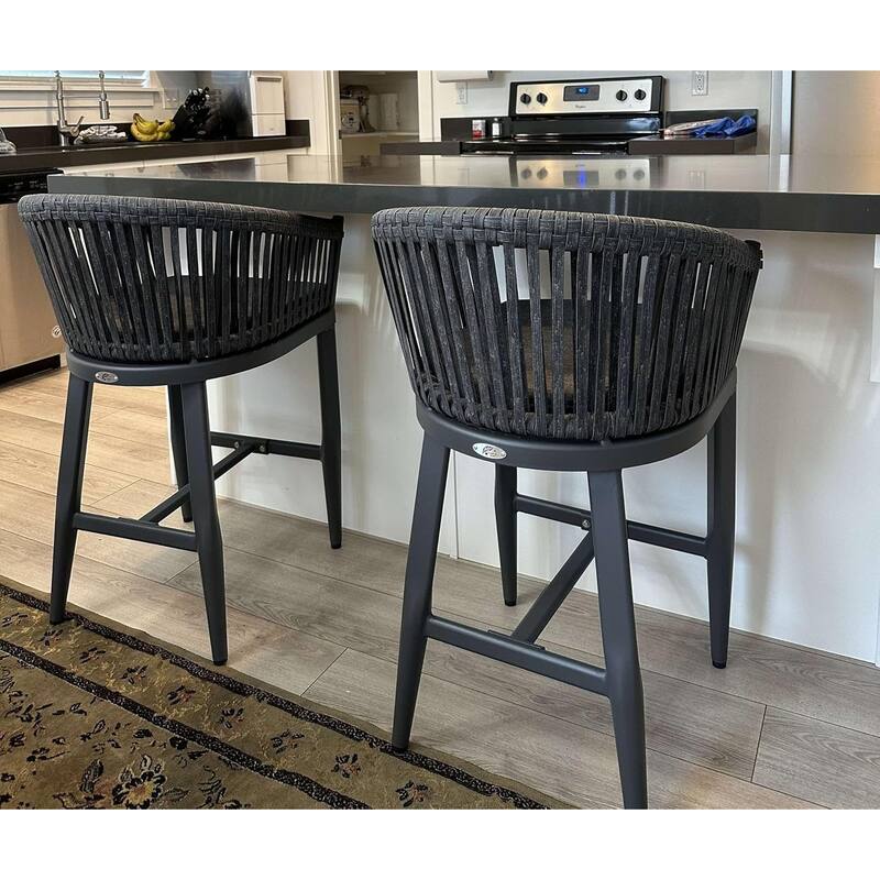 PURPLE LEAF Outdoor Bar Stools Set of 2 Patio Metal Modern Wicker Bar Chairs Woven Aluminum Barstools