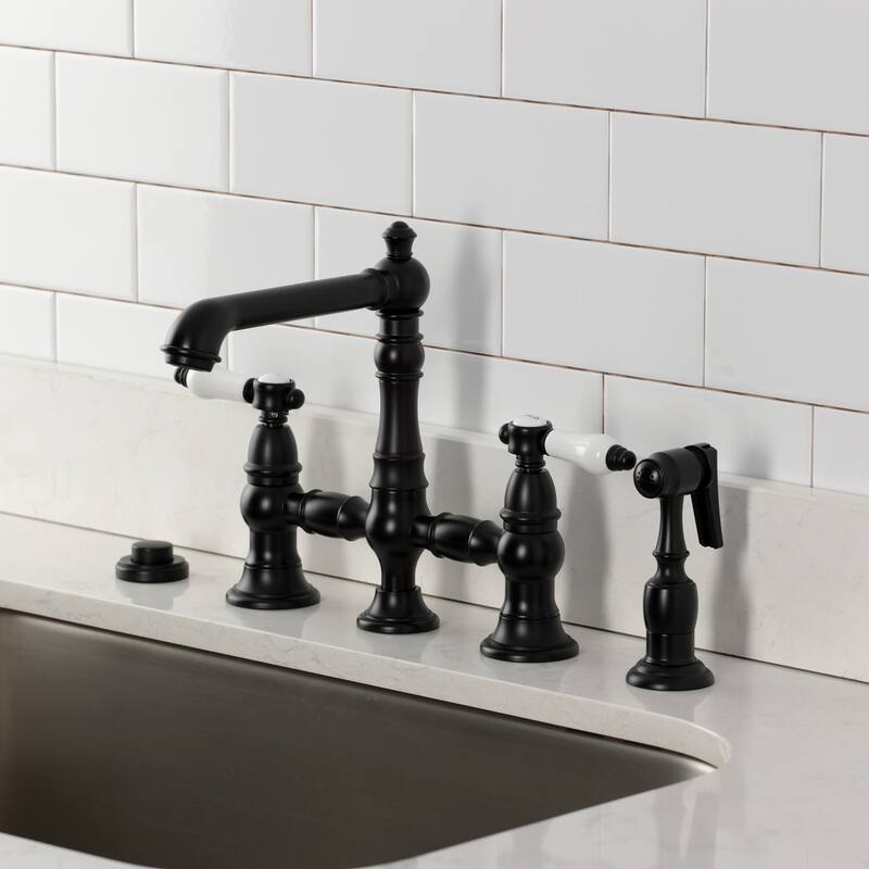 Kingston Brass Bel-Air Two-Handle 4-Hole Deck Mount Bridge Kitchen Faucet with Brass Side Sprayer