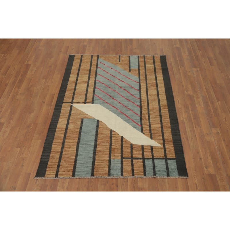 Hand Woven Oriental 100% Wool Carpet Southwestern Modern Brown Kilim Area Rug - 5' 11'' X 4' 4''