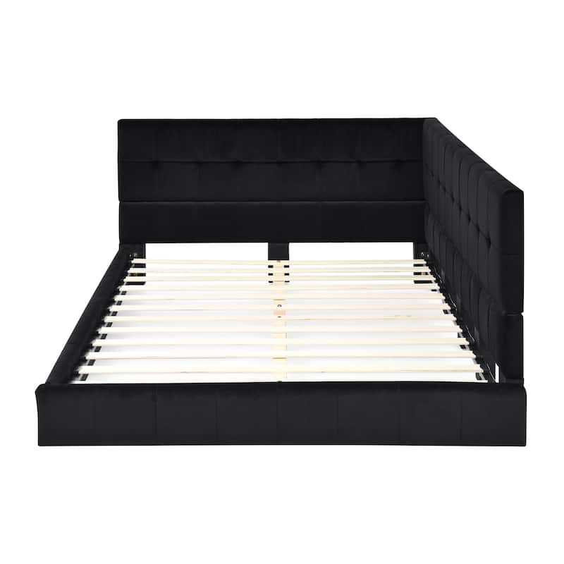 Full Size Daybed Grounded Bed Velvet Upholstered Tufted Bed Frame with L-shaped Backrest & Armrests for Livingroom or Bedroom