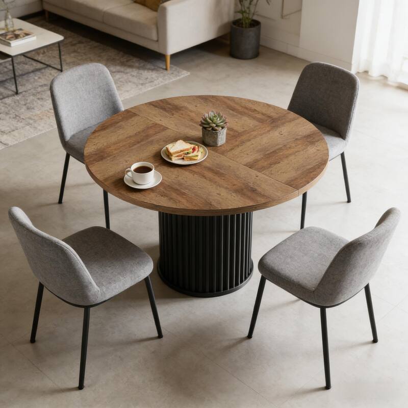 Round Dining Table Home Office Table, Wood Kitchen Table for 4-6 People, Textured Top Coffee Table with Fluted Base