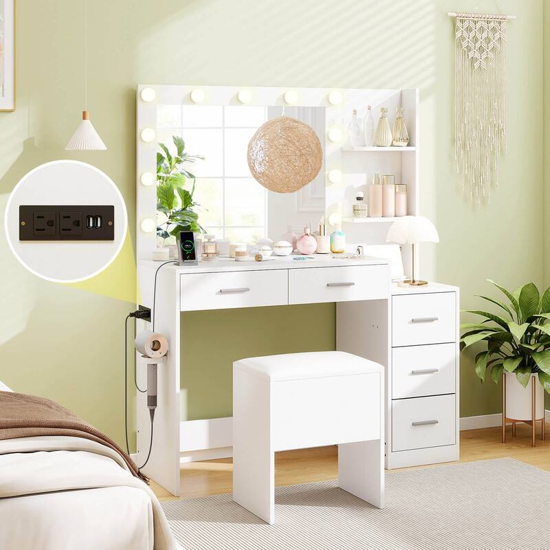 Costway 43.5" Makeup Table Set Vanity Desk with Storage Stool Power - See Details