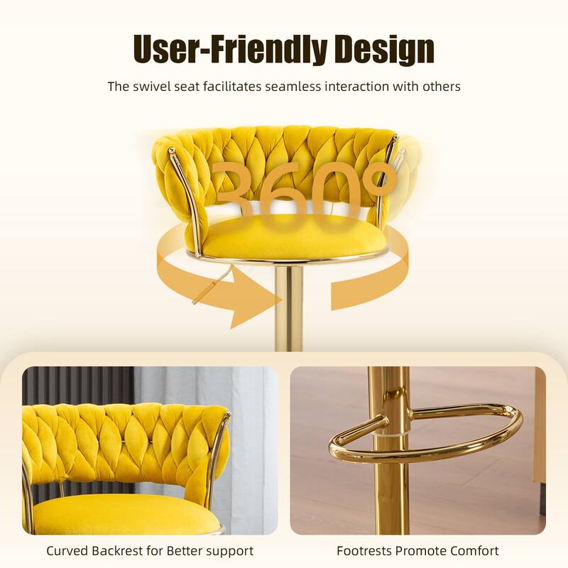 HOMEFUN Velvet Adjustable Height Swivel Armless Bar Stools With Golden Footrest(set of 2)