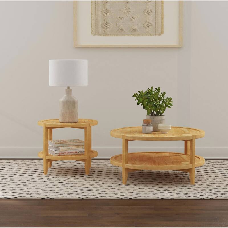 Charming Solid Wood Round Side End Table with Practical Storage Shelf