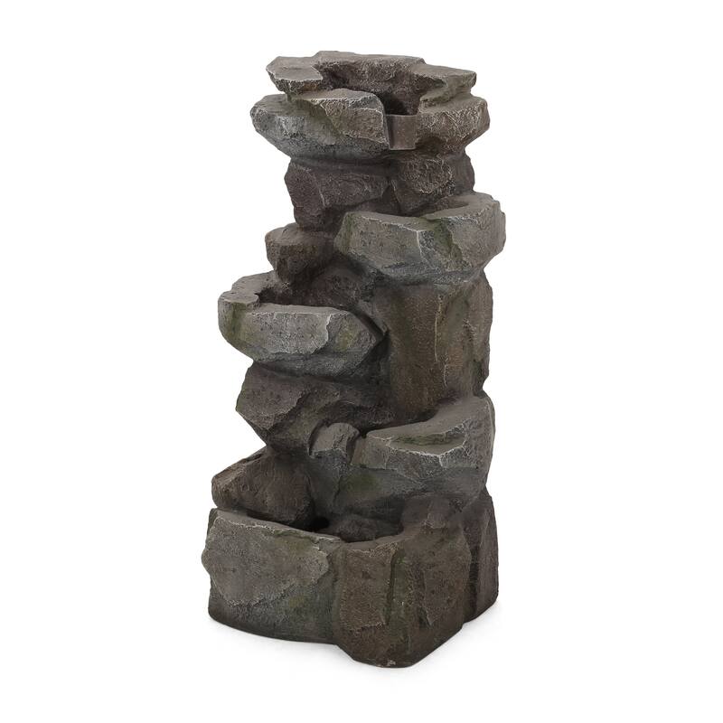 Roomfitters Apache 34-Inch Stacked Rock Outdoor Tiered Water Fountain with LED Lights, Weather-Resistant Faux Stone, Stone Gray