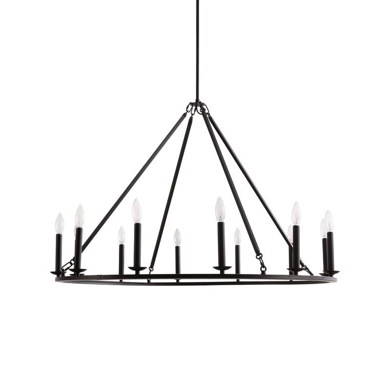 Eva 12-Light Antique Black Finish Metal Wagon Wheel Round Chandelier - Antique Black - 41.5 inches in diameter x 29 inches H