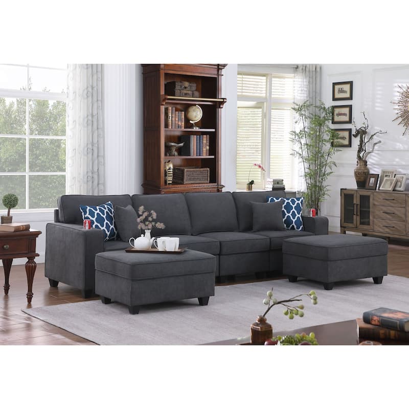 Woven Upholstered 4-Seater Sofa with 2 Ottomans in Stone Gray - Stone Gray/Brown