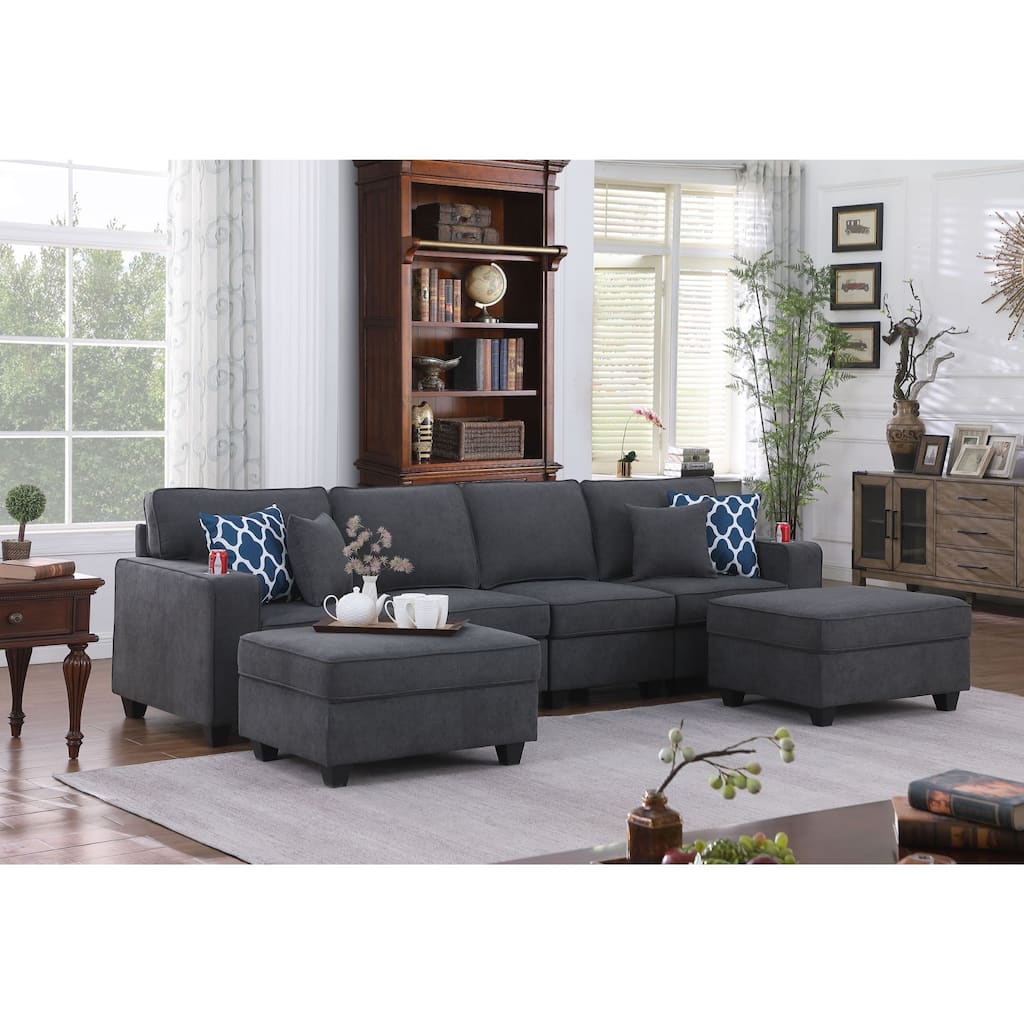 Woven Upholstered 4-Seater Sofa with 2 Ottomans in Stone Gray
