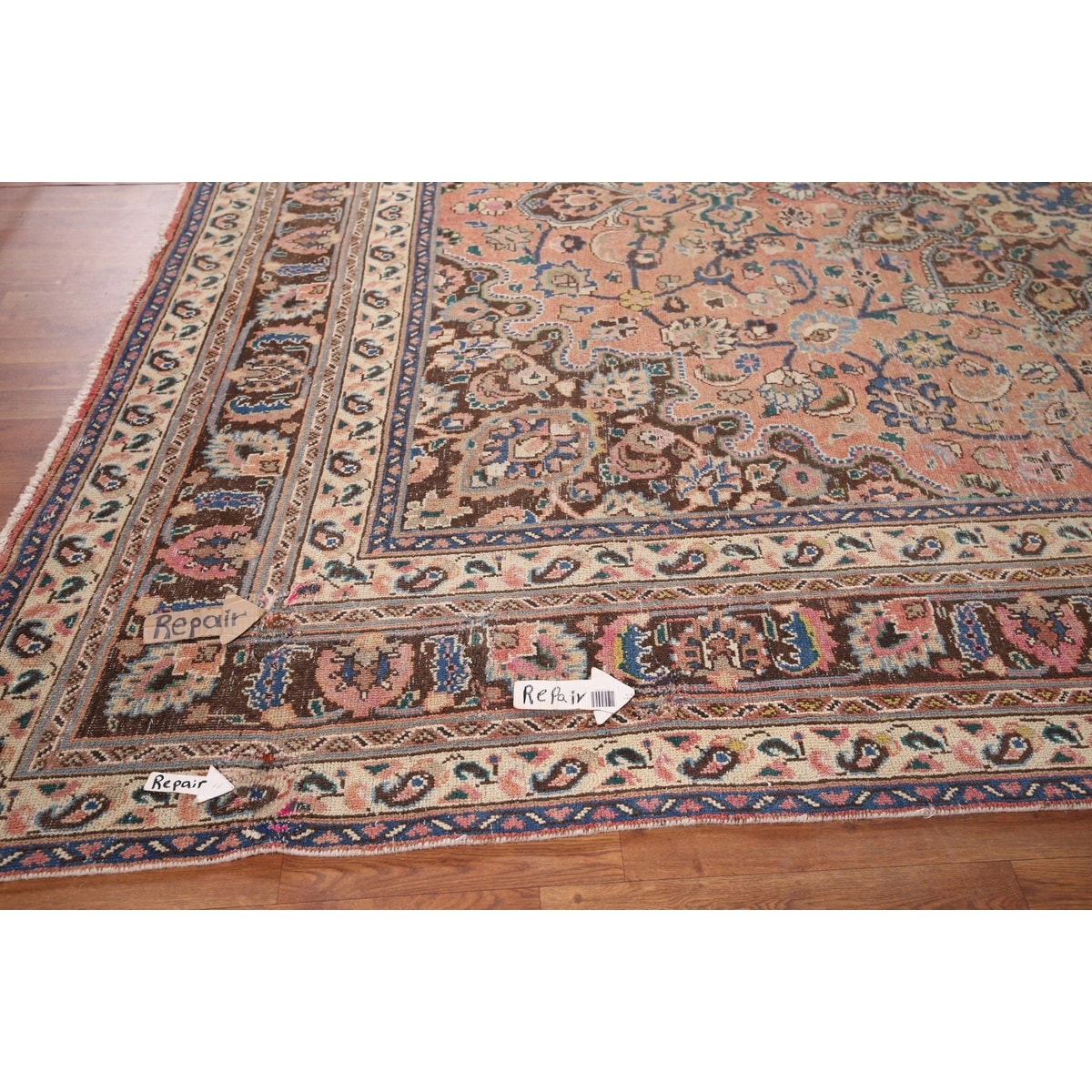 Distressed Mashad Vintage Persian Rug Hand-Knotted Floral