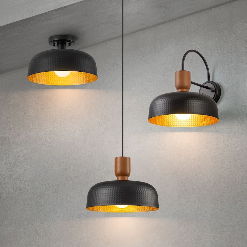 1-Light Black Industrial Hammered Shade Flush Mount Ceiling Light