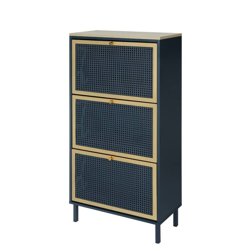 3 Metal Door Shoe Rack, Freestanding Modern Shoe Storage Cabinet, Metal rattan, for Entryway