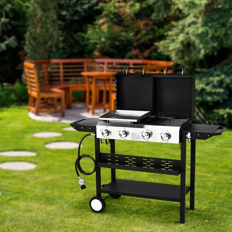 4 Burner 2-in-1 Propane Grill and Griddle Combo Standing with Lid