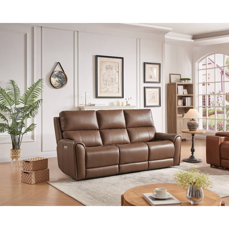 86.5'' W Top Grain Leather Triple Power Sofa with Adjustable Power Headrest and Lumbar & Extendable Legs - Light Brown