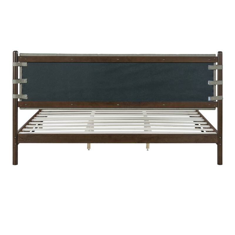 Classic Queen/King Size Platform Bed, Rubber Wood Bed Frame with Upholstered Headboard, Wood Slat Support