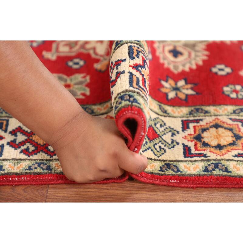 Kazak Accent Rug Hand-Knotted Geometric Red Wool Carpet - 2'10" x 4'1"