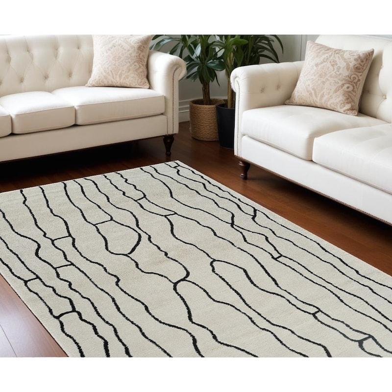 Distressed Abstract Modern Stain Resistant Woven Soft Area Rug - 7' X 10' - Cream and Black - Rectangle