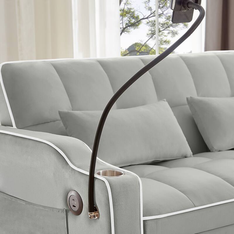 Anmytek Velvet Foldable Double Seat Recliner Sleeper Sofa Bed with USB Port and Side Pockets