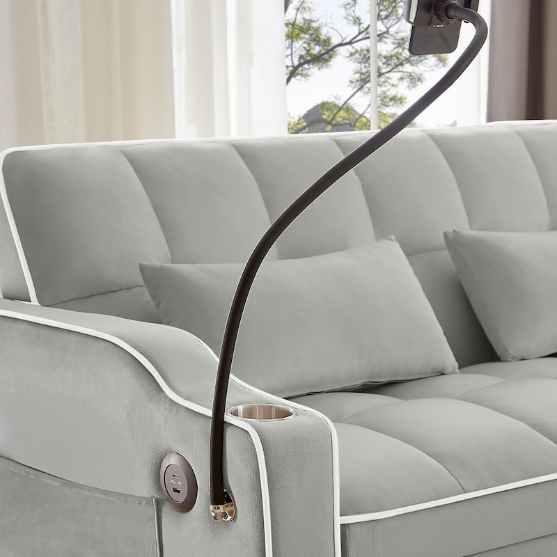 Convertible Sofa Bed Loveseat with Adjustable Backrest & Storage Pockets, Pull-Out Sleeper Sofa with USB Charging Ports