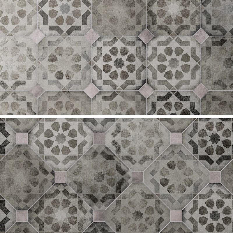Merola Tile Laverton Octagon Deco Sombra with Taco Gris 7-7/8" x 7-7/8" Porcelain Floor and Wall Tile