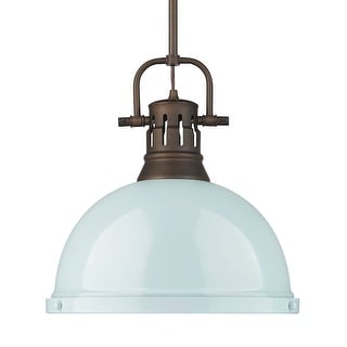Yep by Golden Lighting Duncan 1-light 14in Rod Hung Pendant in Rubbed Bronze and Seafoam shade