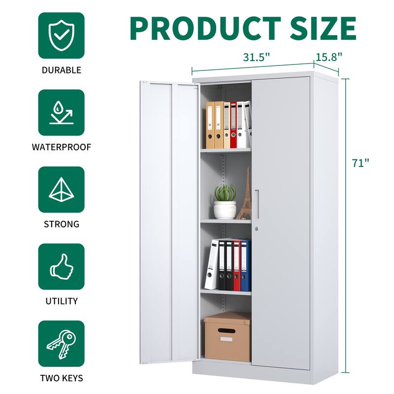 Anmytek 71"H White Locking Metal Garage Storage Cabinet with 3 Adjustable Shelves for Office Classroom Pantry