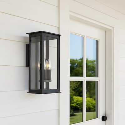 Modern Matte Black Outdoor Wall Light with Dusk-to-Dawn Sensor Simplicity Exterior Wall Sconce with Glass Shade for Porch Garden