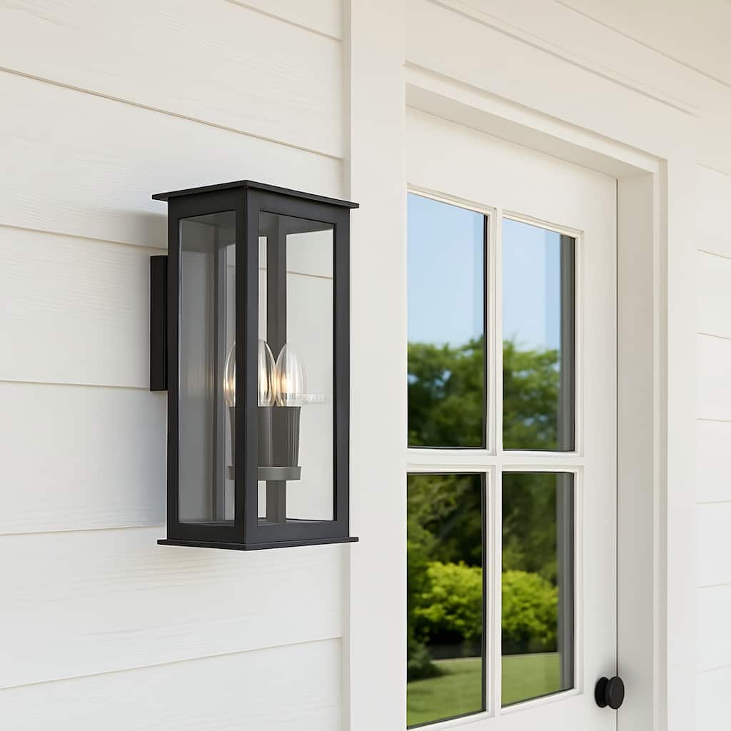 Modern Matte Black Outdoor Wall Light with Dusk-to-Dawn Sensor Simplicity Exterior Wall Sconce with Glass Shade for Porch Garden