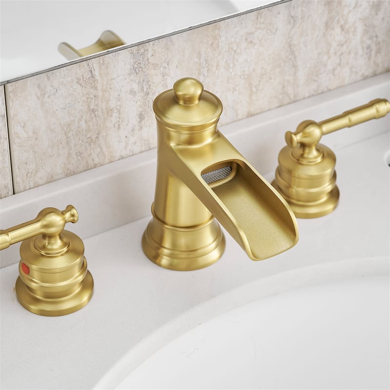 Waterfall 8 Inch Widespread Bathroom Faucet with Pop-up Drain Brass Double Handle Modern Bathroom Sink Basin Taps