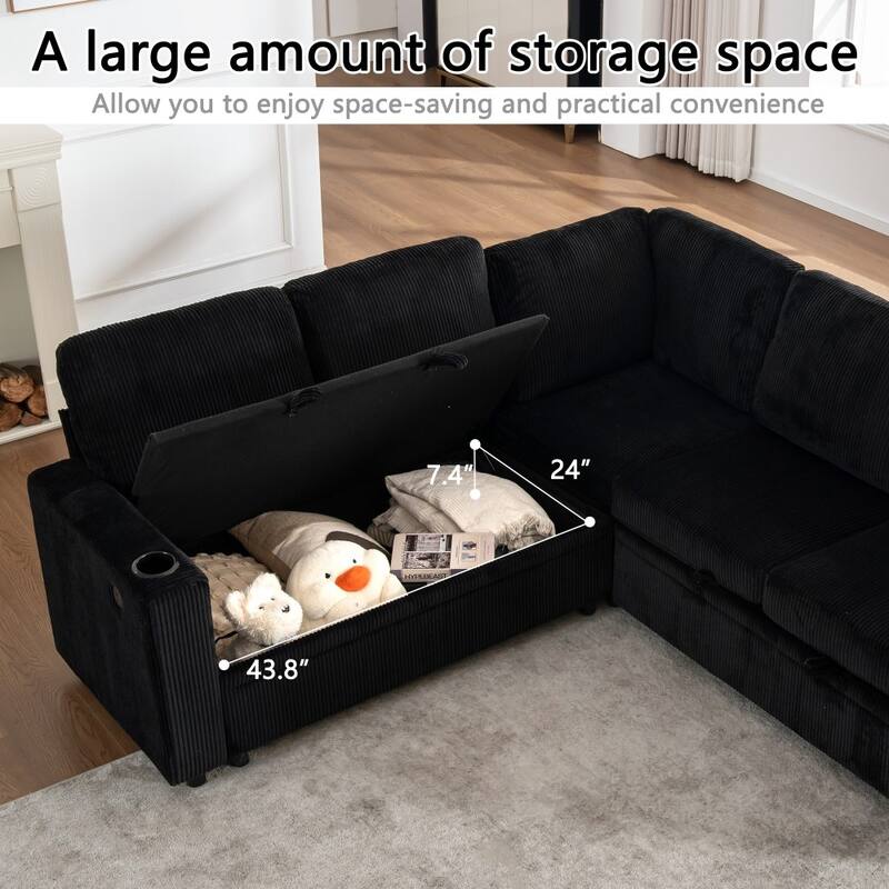 83.66" L-Shaped Sectional Sofa with Storage and Pull Out Bed
