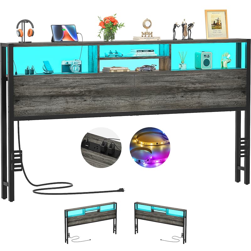 Headboard with Storage and Charge Station, Platform Bed Heaboard with LED Lights