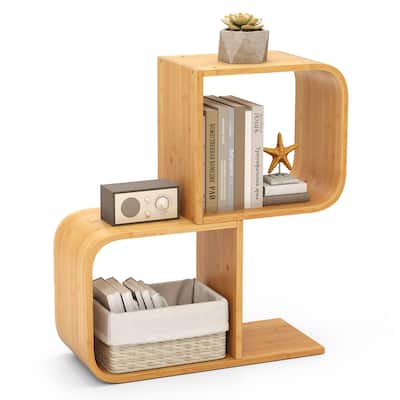 Gymax Bamboo Geometric Bookshelf 2-Tier S-Shaped Bookcase w/