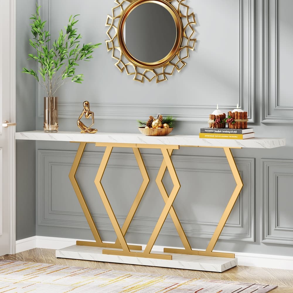 70.9 Inch Extra Long Modern Sofa Console Table with Faux Marble Tabletop Base Gold Frame for Living Room Entryway Hallway