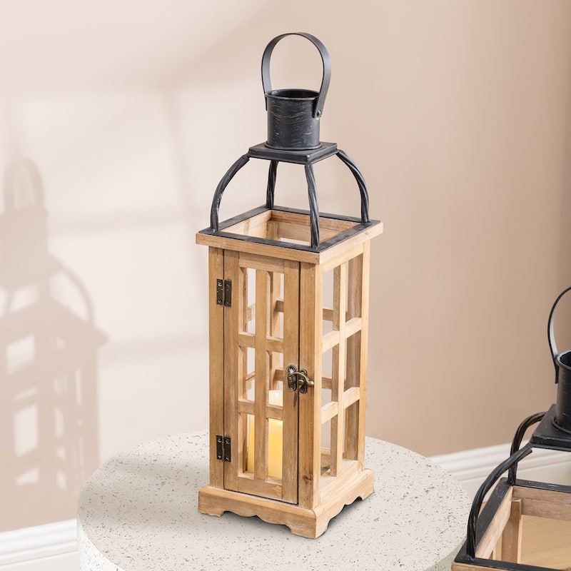 Glitzhome Farmhouse Wooden Metal Cage Candle Holders Patio Hanging Vintage Lanterns (Set of 2)