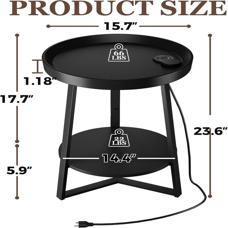 End Table with Charging Station - 15.7"D x 15.7"W x 23.6"H