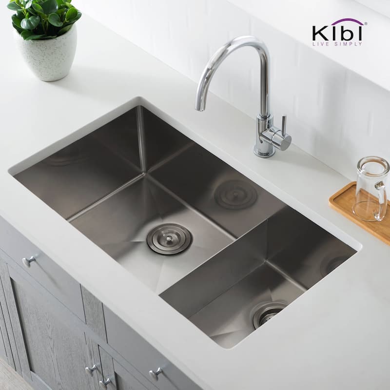 33 Inch Handcrafted Undermount Double Bowl Real 16 gauge Stainless Steel Kitchen Sink with Strainers and Grids