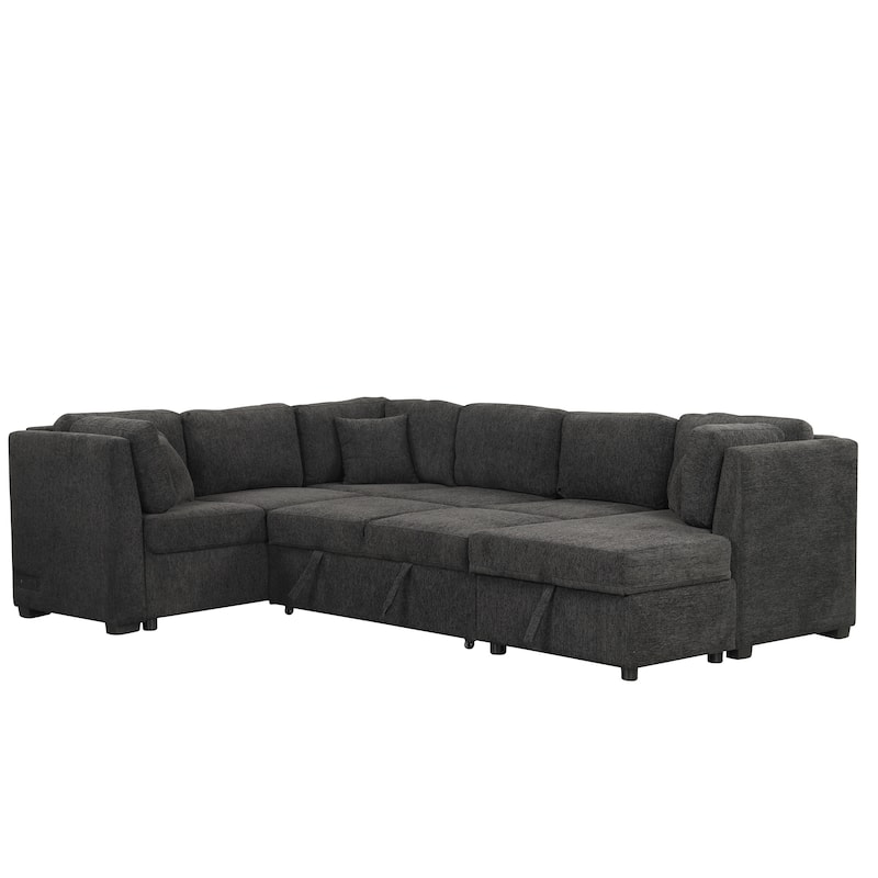 Roomfitters U-Shaped Sectional Sofa Pull-Out Bed with USB Ports, Power Sockets, Three Back Pillows, and Storage Chaise