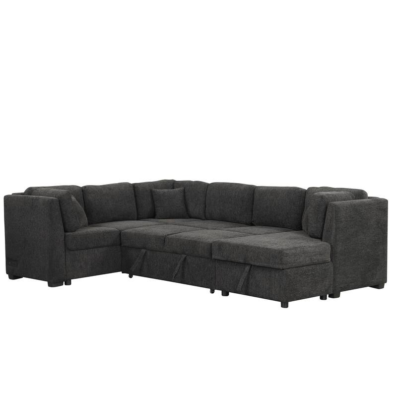 U-shaped Sectional Sofa Pull out Sofa Bed with Two USB Ports, Two Power Sockets, Three Back Pillows and a Storage Chaise