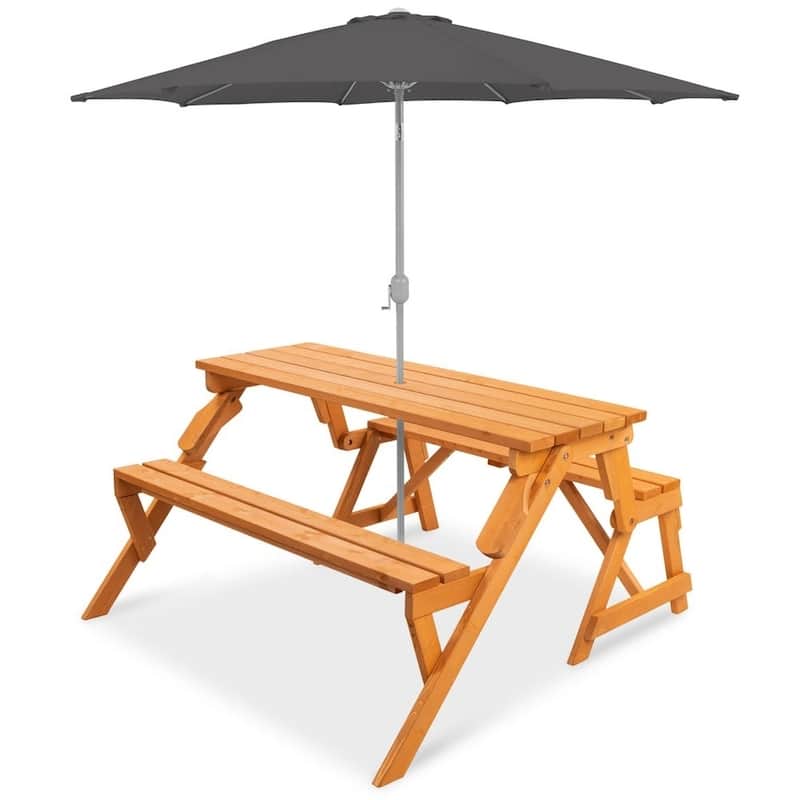 Outdoor Interchangeable 2 in 1 Multi-Use Wooden Picnic Table Garden Bench Umbrella Hole - N/A
