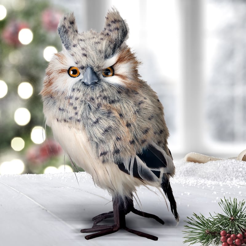 8.5" Brown and White Speckled Hoot Owl Christmas Plush Figure